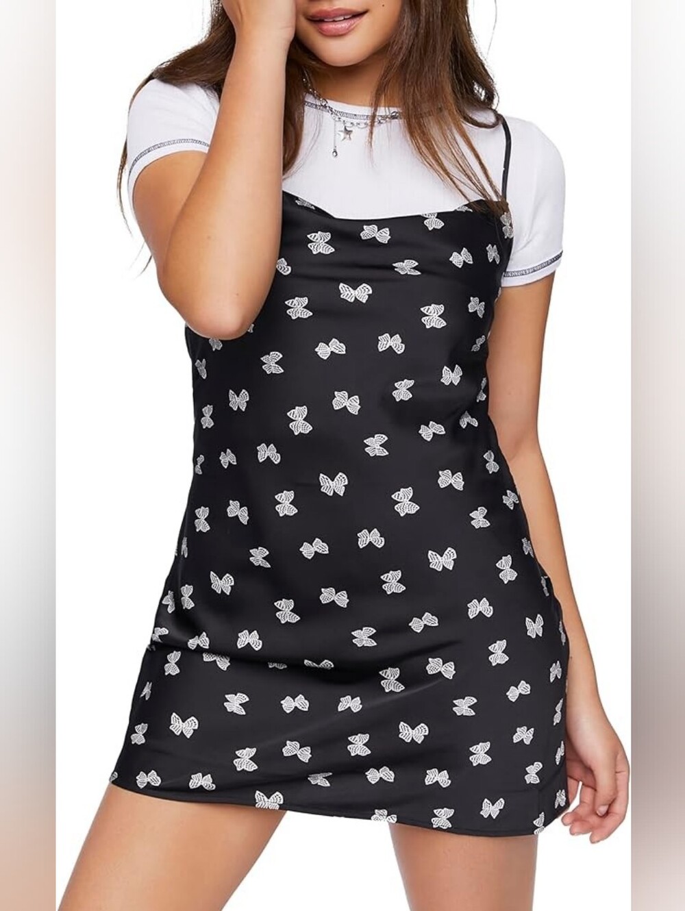 Forever 21 Black Slip Dress with White Butterfly Print